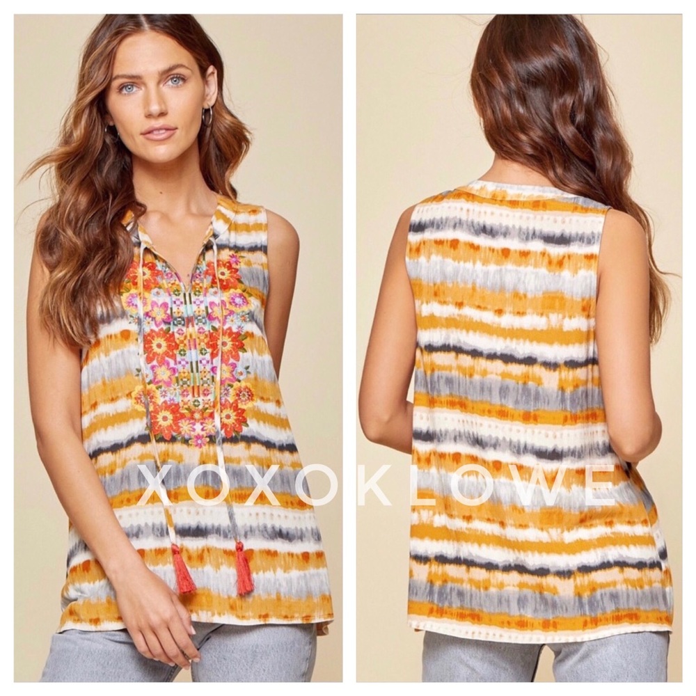 Savanna Jane Yellow & Cream Dip Dyed Embroidered Split Neck Top - Picture 6 of 12